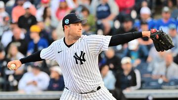 TAMPA, FLORIDA - MARCH 14: Gerrit Cole #45 of the New York Yankees delivers a pitch to the Toronto Blue Jays in the first inning during a Grapefruit League Spring Training Game at George M. Steinbrenner Field on March 14, 2023 in Tampa, Florida.   Julio Aguilar/Getty Images/AFP (Photo by Julio Aguilar / GETTY IMAGES NORTH AMERICA / Getty Images via AFP)