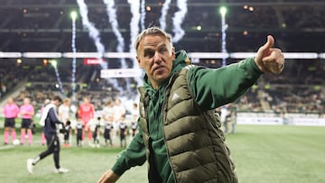 PORTLAND, OREGON - NOVEMBER 01: Head coach Phil Neville of the Portland Timbers looks on during the 2025 MLS Cup Playoff match between San Diego FC and Portland Timbers at Providence Park on November 01, 2025 in Portland, Oregon. Steph Chambers/Getty Images/AFP (Photo by Steph Chambers / GETTY IMAGES NORTH AMERICA / Getty Images via AFP)