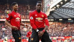 Soccer Football - Premier League - Manchester United v West Ham United - Old Trafford, Manchester, Britain - April 13, 2019  Manchester United&#039;s Paul Pogba celebrates scoring their second goal with Marcus Rashford             Action Images via Reuter