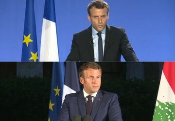 Comparativa de una rueda de prensa de Macron en 2016 (arriba) y otra en 2020 (abajo).