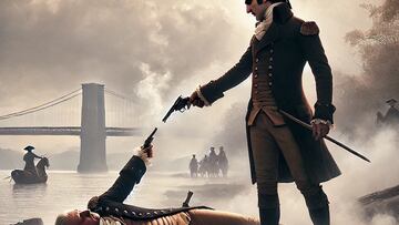 Burr shoots Hamilton on July 11, 1804. Creative image