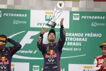 El piloto alemán de Red Bull, Sebastian Vettel, celebra su victoria en el Gran Premio de Brasil de Fórmula Uno, circuito de Interlagos