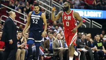 Feb 23, 2018; Houston, TX, USA; Houston Rockets guard James Harden (13) reacts after making a three point basket during the third quarter against the Minnesota Timberwolves at Toyota Center. Mandatory Credit: Troy Taormina-USA TODAY Sports