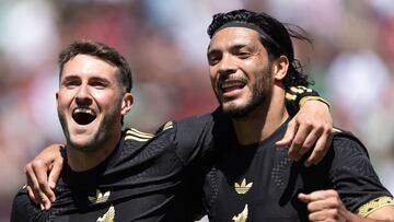 Santiago Gimenez celebrates his goal 1-1 with Raul Jimenez of Mexico during the mach Mexican National Team (Mexico) and Switzerland team as part to International friendly match at Rice-Eccles Stadium, on June 07, 2025 on Salt Lake City, Utah, United States.