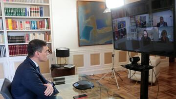 Spanish Prime Minister Pedro Sanchez holds a videoconference with some of his ministers over the coronavirus outbreak, at the Moncloa Palace in Madrid, Spain March 13, 2020. Moncloa Palace/Handout via REUTERS THIS IMAGE HAS BEEN SUPPLIED BY A THIRD PARTY.