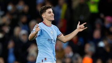 MANCHESTER, ENGLAND - NOVEMBER 02: Julian Alvarez of Manchester City celebrates after scoring their sides second goal during the UEFA Champions League group G match between Manchester City and Sevilla FC at Etihad Stadium on November 02, 2022 in Manchester, England. (Photo by Lynne Cameron - Manchester City/Manchester City FC via Getty Images)