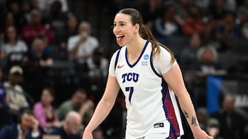 SACRAMENTO, CALIFORNIA - MARCH 28: Marta Suarez #7 of the TCU Horned Frogs reacts against the Virginia Cavaliers during the fourth quarter in the Sweet Sixteen of the 2026 NCAA Women's Basketball Tournament at Golden 1 Center on March 28, 2026 in Sacramento, California. Thien-An Truong/Getty Images/AFP (Photo by Thien-An Truong / GETTY IMAGES NORTH AMERICA / Getty Images via AFP)