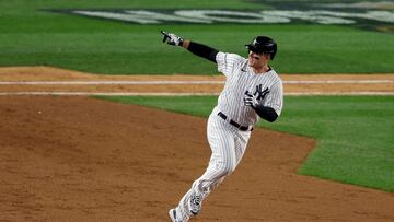 NEW YORK, NEW YORK - OCTOBER 11: Anthony Rizzo #48 of the New York Yankees celebrates after hitting a two run home run against Cal Quantrill #47 of the Cleveland Guardians during the sixth inning in game one of the American League Division Series at Yankee Stadium on October 11, 2022 in New York, New York.   Jamie Squire/Getty Images/AFP