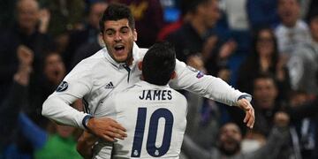 James celebrates with Morata.