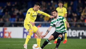 GRAF1441. VILA-REAL (CASTELLÓN), 21/02/2019.- El centrocampista del Villarreal Javi Fuego (i) pelea un balón con el centrocampista del Sporting de Portugal Bruno Fernandes durante el partido de vuelta de dieciseisavos de final de la Liga Eur
