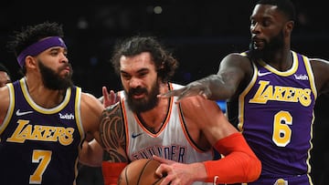 Jan 2, 2019; Los Angeles, CA, USA; Los Angeles Lakers center JaVale McGee (7) and Los Angeles Lakers guard Lance Stephenson (6) defend Oklahoma City Thunder center Steven Adams (12) as he tries to get to the basket in the first half of the game at Staples Center. Mandatory Credit: Jayne Kamin-Oncea-USA TODAY Sports