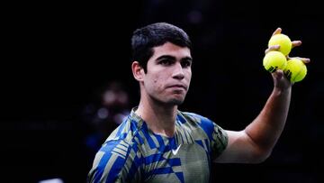 Carlos ALCARAZ of Spain during the day 3 of the ATP Masters 1000 Rolex Paris Masters on November 2, 2022 in Paris, France. (Photo by Sandra Ruhaut/Icon Sport via Getty Images)