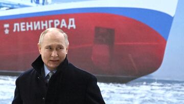 Russian President Vladimir Putin attends a keel-laying ceremony for the nuclear-powered icebreaker "Leningrad" at the Baltic Shipyard in Saint Petersburg, Russia, January 26, 2024. Sputnik/Pavel Bednyakov/Pool via REUTERS ATTENTION EDITORS - THIS IMAGE WAS PROVIDED BY A THIRD PARTY.