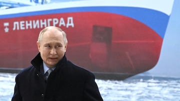 Russian President Vladimir Putin attends a keel-laying ceremony for the nuclear-powered icebreaker "Leningrad" at the Baltic Shipyard in Saint Petersburg, Russia, January 26, 2024. Sputnik/Pavel Bednyakov/Pool via REUTERS ATTENTION EDITORS - THIS IMAGE WAS PROVIDED BY A THIRD PARTY.