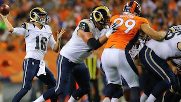 DENVER, CO - AUGUST 27: Quarterback Jared Goff #16 of the Los Angeles Rams throws a pass during the third quarter against the Denver Broncos at Sports Authority Field Field at Mile High on August 27, 2016 in Denver, Colorado. The Broncos defeated the Rams 17-9 in pre-season action. Justin Edmonds/Getty Images/AFP
== FOR NEWSPAPERS, INTERNET, TELCOS & TELEVISION USE ONLY ==