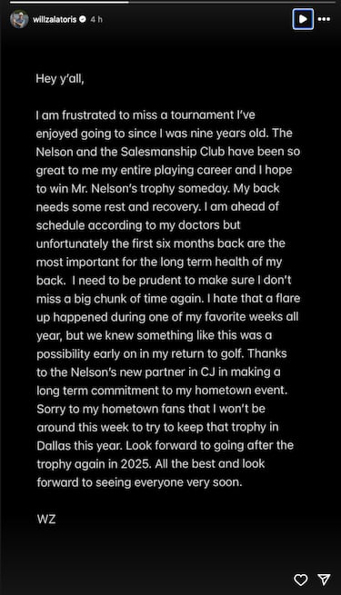 Why isn’t Will Zalatoris playing in the 2024 Byron Nelson?