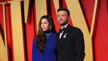 Justin Timberlake and Jessica Biel arrive at the Vanity Fair Oscar party after the 96th Academy Awards, known as the Oscars, in Beverly Hills, California, U.S., March 10, 2024. REUTERS/Danny Moloshok