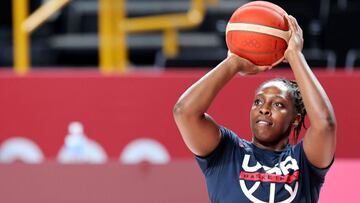 USA's basketball player Tina Charles attends a training session during the Tokyo 2020 Olympic Games at the Saitama Super Arena in Saitama on July 24, 2021. (Photo by Thomas COEX / AFP)