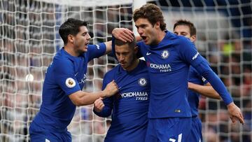 Soccer Football - Premier League - Chelsea vs Newcastle United - Stamford Bridge, London, Britain - December 2, 2017   Chelsea&#039;s Eden Hazard celebrates scoring their third goal with Marcos Alonso and Alvaro Morata    Action Images via Reuters/Paul Childs    EDITORIAL USE ONLY. No use with unauthorized audio, video, data, fixture lists, club/league logos or &quot;live&quot; services. Online in-match use limited to 75 images, no video emulation. No use in betting, games or single club/league/player publications. Please contact your account representative for further details.