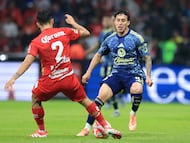 Diego Barbosa (L) of Toluca fights fo the ball with Alejandro Zendejas (R) of America during the 17th round match between Toluca and America as part of the Liga BBVA MX, Torneo Apertura 2025 at Nemesio Diez Stadium, on November 08, 2025 in Estado de Mexico, Mexico.