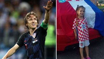 Im&aacute;genes de Luka Modric saludando a la grada despu&eacute;s de marcar un gol con Croacia y de una ni&ntilde;a croata gran admiradora suya, Selena.