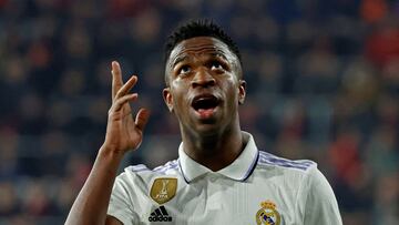 Soccer Football - LaLiga - Osasuna v Real Madrid - El Sadar Stadium, Pamplona, Spain - February 18, 2023 Real Madrid's Vinicius Junior celebrates scoring a goal that was later disallowed REUTERS/Vincent West