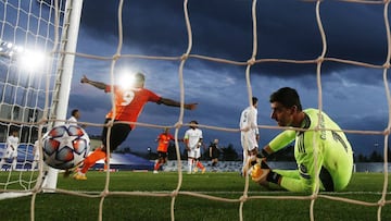 Soccer Football - Champions League - Group B - Real Madrid v Shakhtar Donetsk - Estadio Alfredo Di Stefano, Madrid, Spain - October 21, 2020 Real Madrid's Thibaut Courtois reacts after Real Madrid's Raphael Varane scores an own goal and Shakhtar