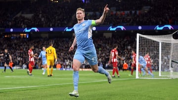 Soccer Football - Champions League - Quarter Final - First Leg - Manchester City v Atletico Madrid - Etihad Stadium, Manchester, Britain - April 5, 2022 Manchester City&#039;s Kevin De Bruyne celebrates scoring their first goal Action Images via Reuters/L