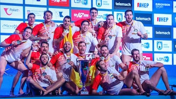 ZAGREB, CROATIA - JANUARY 16: Team Spain winner of the gold medal during medal ceremony after the 2024 Men&#039;s European Water Polo Championship Gold Medal match between Croatia and Spain at the Mladost Pool on January 16, 2024 in Zagreb, Croatia. (Photo by Sanjin Strukic/Pixsell/MB Media/Getty Images)