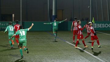 BARCELONA, SPAIN - JANUARY 06: Adrian Jimenez Gomez of Cornella celebrates after scoring his sides first goal during the Copa del Rey match between Cornella and Atletico de Madrid at Camp Municipal de Cornella on January 06, 2021 in Barcelona, Spain. Spor