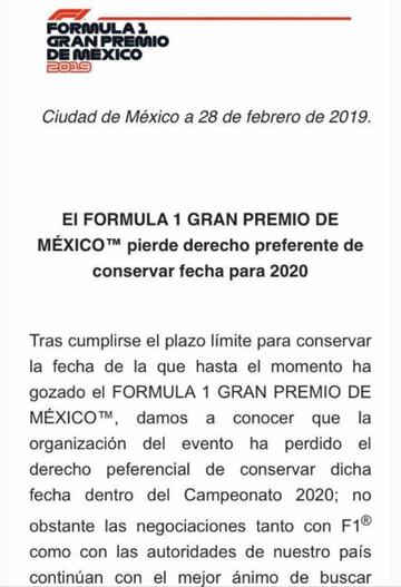 México pierde derechos para albergar la Fórmula 1 en 2020