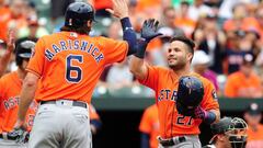 Jul 23, 2017; Baltimore, MD, USA; Houston Astros second baseman Jose Altuve (27) high fives outfielder Jake Marisnick (6) after hitting a home run in the third inning against the Baltimore Orioles at Oriole Park at Camden Yards. Mandatory Credit: Evan Habeeb-USA TODAY Sports