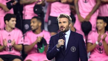 Oct 19, 2024; Fort Lauderdale, Florida, USA; Inter Miami CF co-owner David Beckham speaks in front of the team post match against the New England Revolution at Chase Stadium. Mandatory Credit: Sam Navarro-Imagn Images TPX IMAGES OF THE DAY