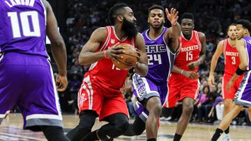 Apr 9, 2017; Sacramento, CA, USA; Houston Rockets guard James Harden (13) drives past Sacramento Kings guard Buddy Hield (24) at Golden 1 Center. Mandatory Credit: Sergio Estrada-USA TODAY Sports