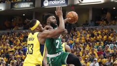Apr 19, 2019; Indianapolis, IN, USA; Boston Celtics guard Jaylen Brown (7) shootsagainst Indiana Pacers center Myles Turner (33) during the third quarter of game three of the first round of the 2019 NBA Playoffs at Bankers Life Fieldhouse. Mandatory Credit: Brian Spurlock-USA TODAY Sports
