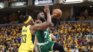 Apr 19, 2019; Indianapolis, IN, USA; Boston Celtics guard Jaylen Brown (7) shootsagainst Indiana Pacers center Myles Turner (33) during the third quarter of game three of the first round of the 2019 NBA Playoffs at Bankers Life Fieldhouse. Mandatory Credit: Brian Spurlock-USA TODAY Sports