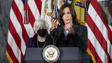 Treasury Secretary Janet Yellen looks on as Vice President Kamala Harris speaks during an event at the US Department of the Treasury on September 15, 2021 in Washington, DC.