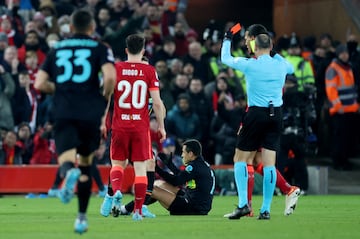 Inter Milan's Alexis Sánchez is sent off by referee Antonio Miguel Mateu Lahoz in Liverpool's last-16 win over the Italians.