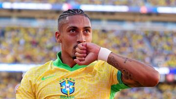 SANTA CLARA, CALIFORNIA - JULY 02: Raphinha of Brazil celebrates after scoring the team's first goal during the CONMEBOL Copa America 2024 Group D match between Brazil and Colombia at Levi's Stadium on July 02, 2024 in Santa Clara, California.   Thearon W. Henderson/Getty Images/AFP (Photo by Thearon W. Henderson / GETTY IMAGES NORTH AMERICA / Getty Images via AFP)