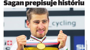 Peter Sagan ocupa la portada del peri&oacute;dico eslovaco Pravda del lunes 25 de septiembre de 2017.