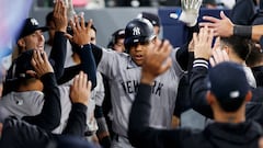 TORONTO, CANADA - APRIL 17: Juan Soto #22 of the New York Yankees celebrates in the dugout after hitting a solo home run in the eighth inning of their MLB game against the Toronto Blue Jays at Rogers Centre on April 17, 2024 in Toronto, Canada.   Cole Burston/Getty Images/AFP (Photo by Cole Burston / GETTY IMAGES NORTH AMERICA / Getty Images via AFP)