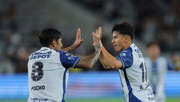 Jul 29, 2025; San Diego, California, USA; C.F. Pachuca midfielder Alexei Dominguez (18) celebrates with C.F. Pachuca midfielder Victor Guzman (8) after scoring a goal during the first half against San Diego FC at Snapdragon Stadium. Mandatory Credit: Abe Arredondo-Imagn Images