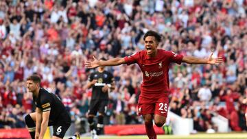 LIVERPOOL, ENGLAND - AUGUST 27: ( THE SUN OUT,THE SUN ON SUNDAY OUT) Fabio Carvalho of Liverpool celebrates after scoring the eighth goal during the Premier League match between Liverpool FC and AFC Bournemouth at Anfield on August 27, 2022 in Liverpool, England. (Photo by Andrew Powell/Liverpool FC via Getty Images)