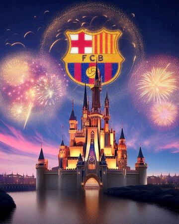 El escudo del FC Barcelona, formado por los fuegos artificiales en torno al castillo de Disney, que aparece antes del comienzo de las películas de esta productora.