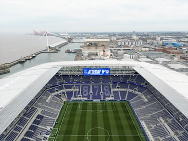 Vista aérea del Hill Dickinson Stadium antes del partido entre el Everton y el Brighton & Hove Albion.