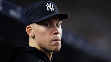 NEW YORK, NEW YORK - JUNE 20: Aaron Judge #99 of the New York Yankees watches from the dugout during the 8th inning of the game against the Seattle Mariners at Yankee Stadium on June 17, 2023 in New York City.   Jamie Squire/Getty Images/AFP (Photo by JAMIE SQUIRE / GETTY IMAGES NORTH AMERICA / Getty Images via AFP)