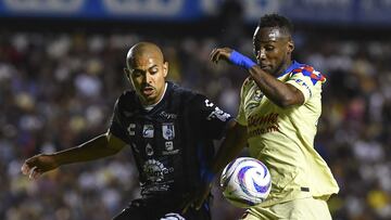 (L-.R), Emanuel Gularte of Queretaro and Julian Quinones of America during the game Queretaro vs America, corresponding to Round 02 of the Torneo Apertura 2023 of the Liga BBVA MX, at La Corregidora Stadium, on September 20, 2023.
<br><br>
(I-D), Emanuel Gularte de Queretaro y Julian Quinones de America durante el partido Queretaro vs America, correspondiente a la Jornada 02 del Torneo Apertura 2023 de la Liga BBVA MX, en el Estadio La Corregidora, el 20 de Septiembre de 2023.