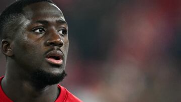Liverpool's French defender #05 Ibrahima Konate reacts prior to the UEFA Champions League football match between Liverpool and Bayer Leverkusen at Anfield stadium, in Liverpool, north west England, on November 5, 2024. (Photo by Paul ELLIS / AFP)