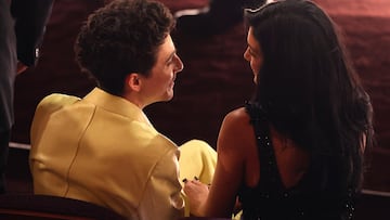 Timothee Chalamet and Kylie Jenner speak before the show during the 97th Academy Awards in Hollywood, Los Angeles, California, U.S., March 2, 2025. REUTERS/Carlos Barria