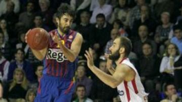 Juan Carlos Navarro y Vassilis Spanoulis durante un encuentro de la Euroliga esta temporada.